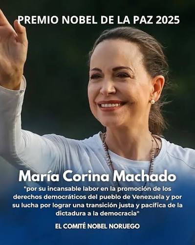 EdinsonFerrerA's tweet photo. Estàmos a horas de la entrega del premio NOBEL a la lucha venezolana por la PAZ. Premio que está encarnado en la líder de este proceso @MariaCorinaYA. 
Seguimos adelante y enfocados, éste es SOLO UN PASO MÁS, en el camino a nuestro objetivo.
 ¡NUESTRA LIBERTAD!
#ElNobelEsNuestro https://t.co/ycwHtOycP6