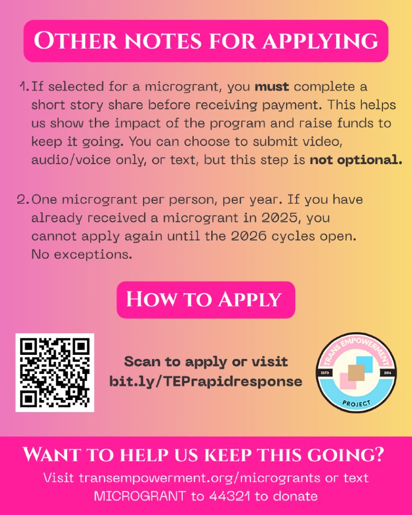 Emergency microgrants are open 12pm–6pm CT today! $150 for urgent survival needs for 2TIGE adults in the U.S.

Weighted random drawing. One application per week. Please read the rules before applying!

Apply → f.mtr.cool/xkpiopqzzs
Donate → text MICROGRANT to 44321.