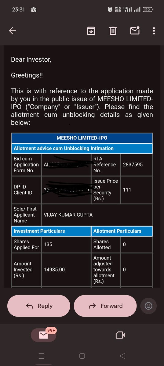 goyalvikas007's tweet photo. Meesho ipo allotment mails have been started and debit messages are also starting to deliver in your message box . But not updated on kfintech app .
#meesho #ipostatus #ipoallotment #kfintech https://t.co/VT8Qd8pow7