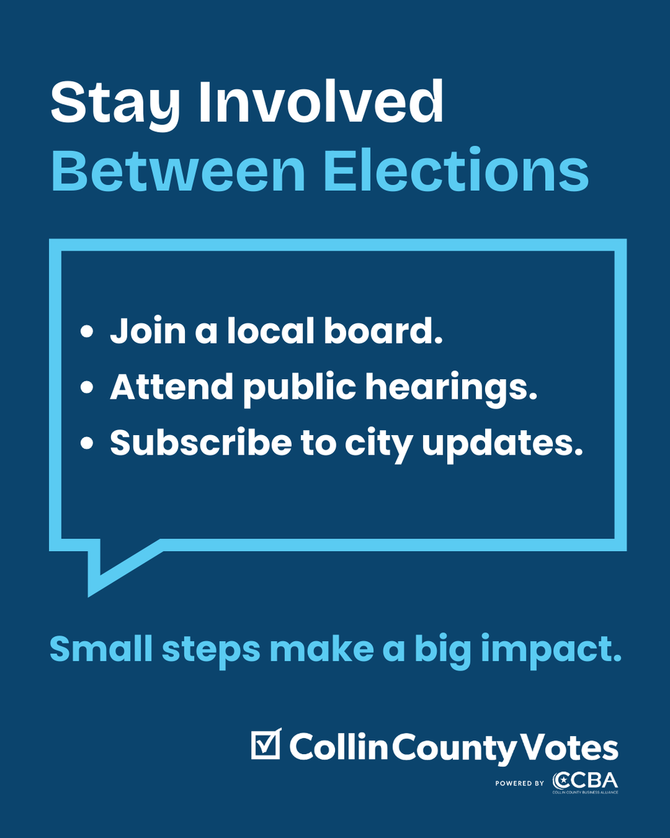 CollinCtyVotes's tweet photo. Election’s over—but your voice still matters. 🗣️
5 ways to stay involved:
✅ Attend local meetings
✅ Volunteer
✅ Stay informed
✅ Watch deadlines
✅ Talk to neighbors
#CollinCountyVotes #VoteLocal https://t.co/C3t7q7IZGX