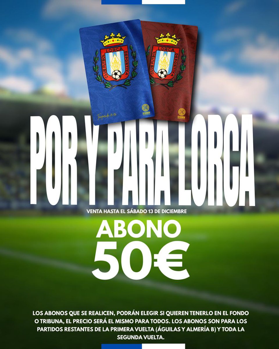 💳 𝗣𝗢𝗥 𝗬 𝗣𝗔𝗥𝗔 𝗟𝗢𝗥𝗖𝗔

🗓️ Desde el 𝗺𝗮𝗿𝘁𝗲𝘀 𝟵 𝗱𝗲 𝗱𝗶𝗰𝗶𝗲𝗺𝗯𝗿𝗲 hasta el  𝘀𝗮𝗯𝗮𝗱𝗼 𝟭𝟯 𝗱𝗲 𝗱𝗶𝗰𝗶𝗲𝗺𝗯𝗿𝗲 hazte socio del Lorca Deportiva 𝗣𝗢𝗥 𝗧𝗔𝗡 𝗦𝗢𝗟𝗢 𝟱𝟬€ 𝙚𝙣 𝙘𝙪𝙖𝙡𝙦𝙪𝙞𝙚𝙧𝙖 𝙙𝙚 𝙡𝙖𝙨 𝙯𝙤𝙣𝙖𝙨 𝙝𝙖𝙗𝙞𝙡𝙞𝙩𝙖𝙙𝙖𝙨 𝙙𝙚𝙡