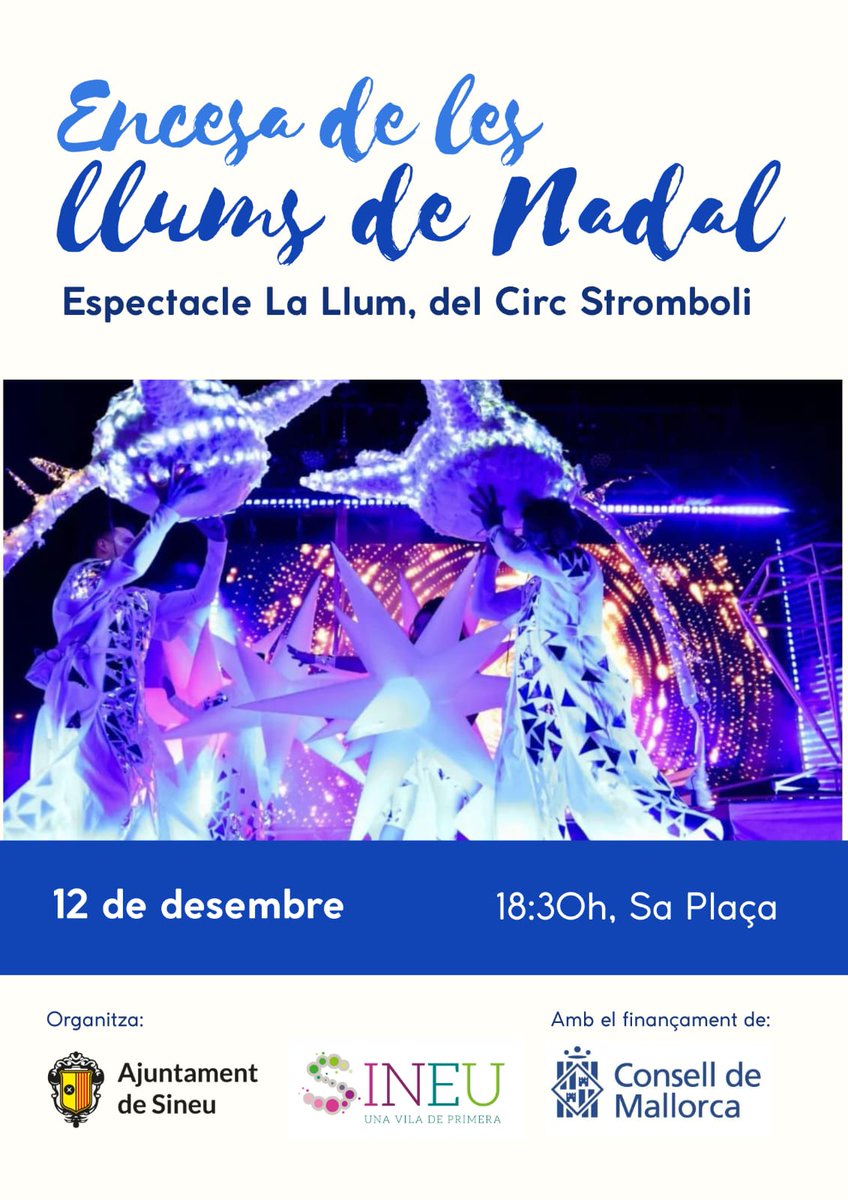 Compte enrere per l'arribada del Nadal! Aquest divendres, a les 18:30h a Sa Plaça, encendrem les llums amb el Circ Stromboli. No vos perdeu el sus a aquests dies màgics ✨

L'espectacle "La Llum" és possible gràcies al Catàleg d'Activitats Culturals finançat pel <a href="/ConselldeMca/">Consell de Mallorca</a>.