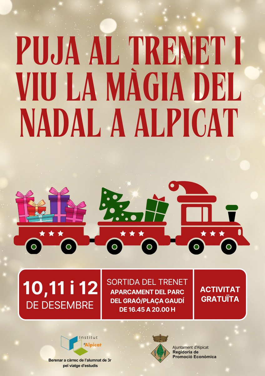 📢 Dimecres 10, dijous 11 i divendres 12, el 🚂🚂🚂 Trenet de Nadal d’Alpicat 🎄🎄🎄 recorrerà els carrers del poble per gaudir de la il·luminació i les decoracions de comerços i cases 💫

🫵🏼 Us esperem ‼️
