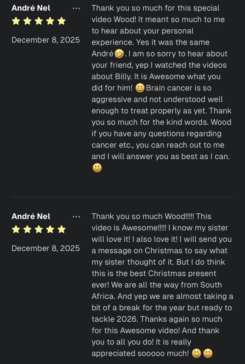 AJ990529's tweet photo. @BeatemupsWood, with regard to the Cameo videos that you made for my sister for Christmas and the one for myself. 

I appreciate the videos so much! Thank you so much for everything! 😃

Due to “X” having the typing limit, I took a screenshot of my real thank you/review messages. https://t.co/Ke6lYdlVkz