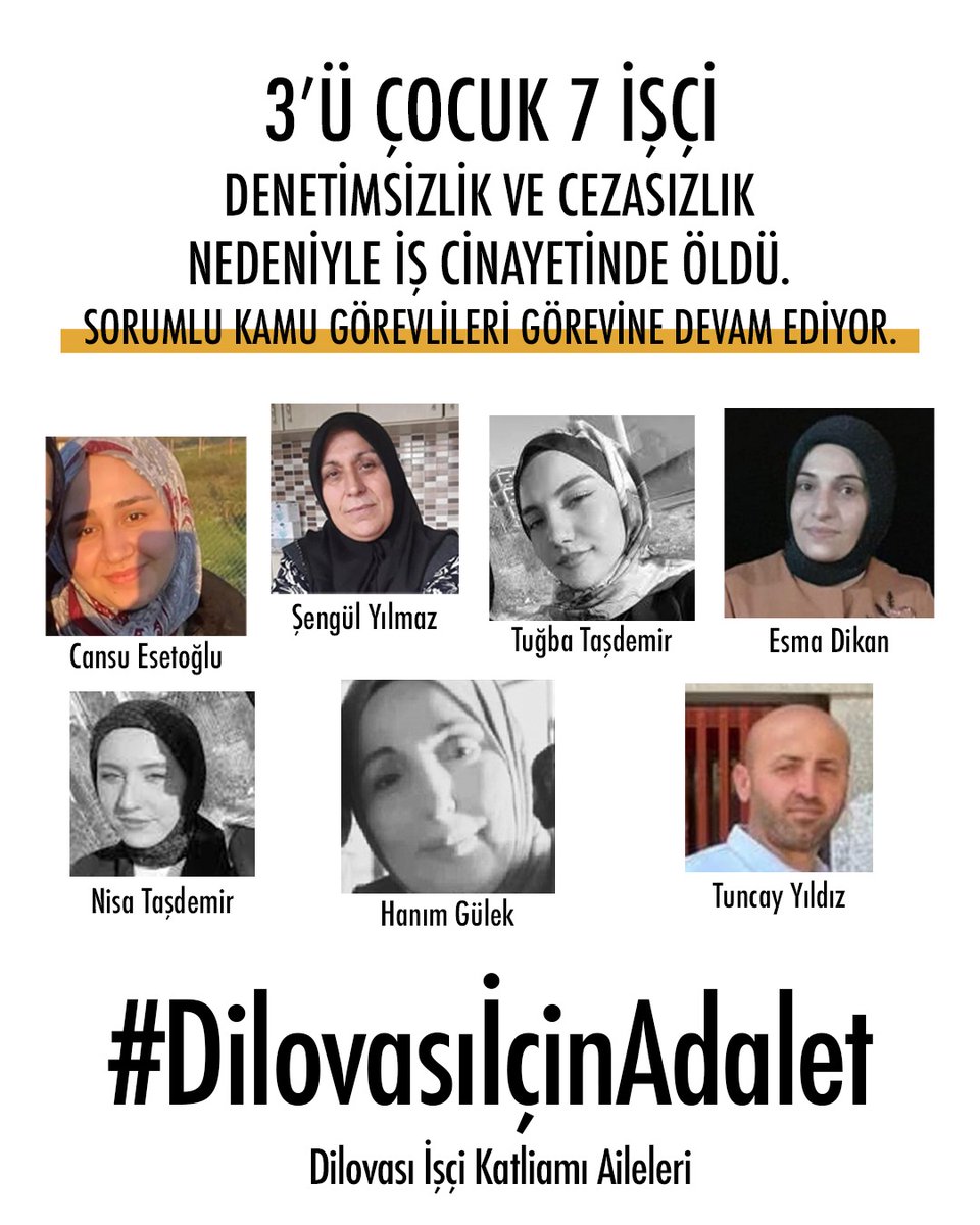Dilovası'nda bir parfüm fabrikasında göz göre göre ölen işçi kardeşlerimiz için adalet istiyoruz! 

#DilovasıİçinAdalet istiyoruz! Sorumlular yargılansınlar ki, başkaca iş cinayetleri olmasın, topluca işçiler ölmesin! 

#DilovasıİçinAdalet istiyoruz ve peşini bırakmayacağız!
