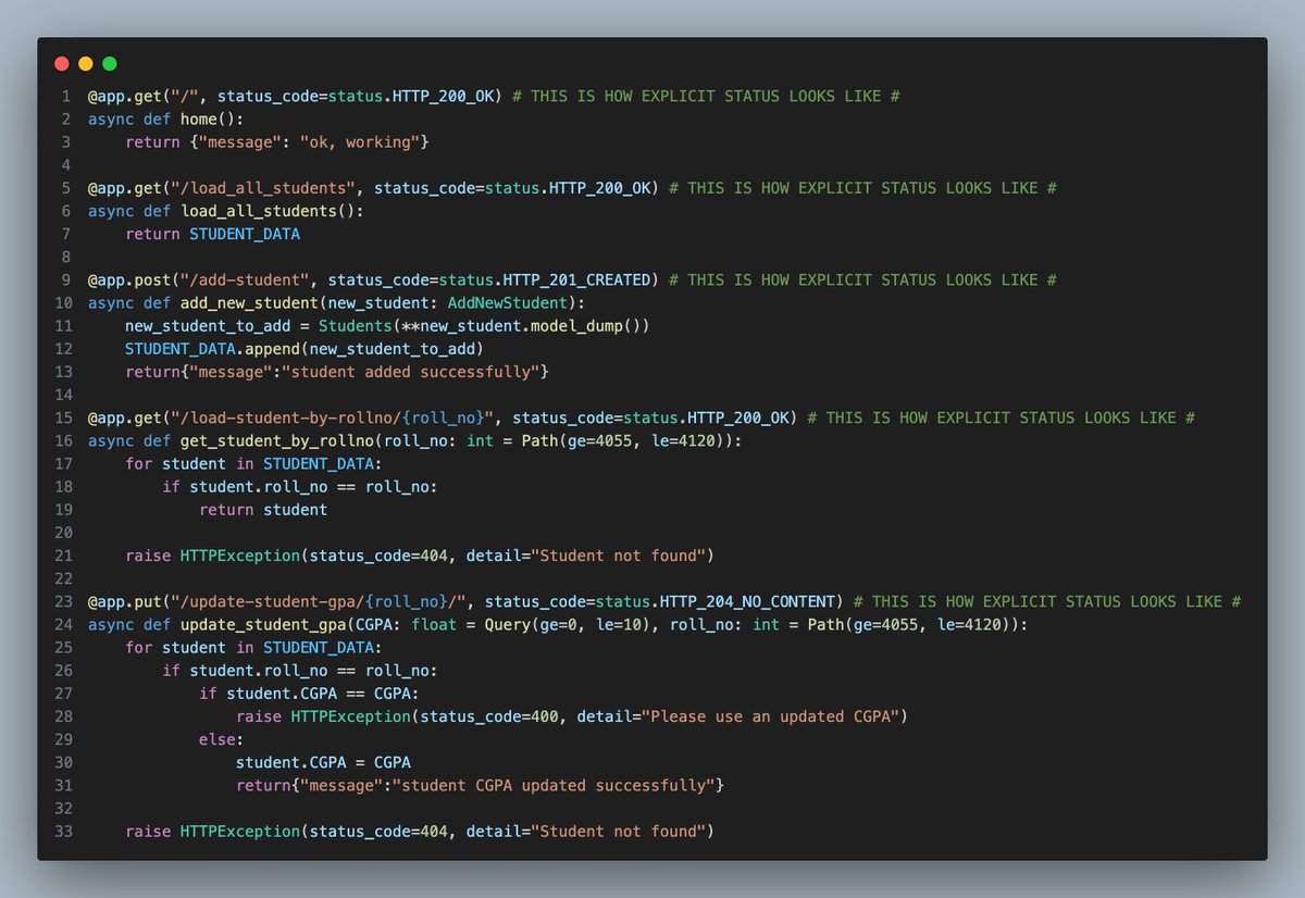 the_g_aryan's tweet image. Day 4/120 Backend Progress

Wrapped up the entire FastAPI + Pydantic module today, covering:
• Data validation
• Error handling
• Status codes
• Explicit status coding
• Clean API patterns

Tomorrow I start databases with FastAPI.

#120DaysOfCode #Backend #FastAPI