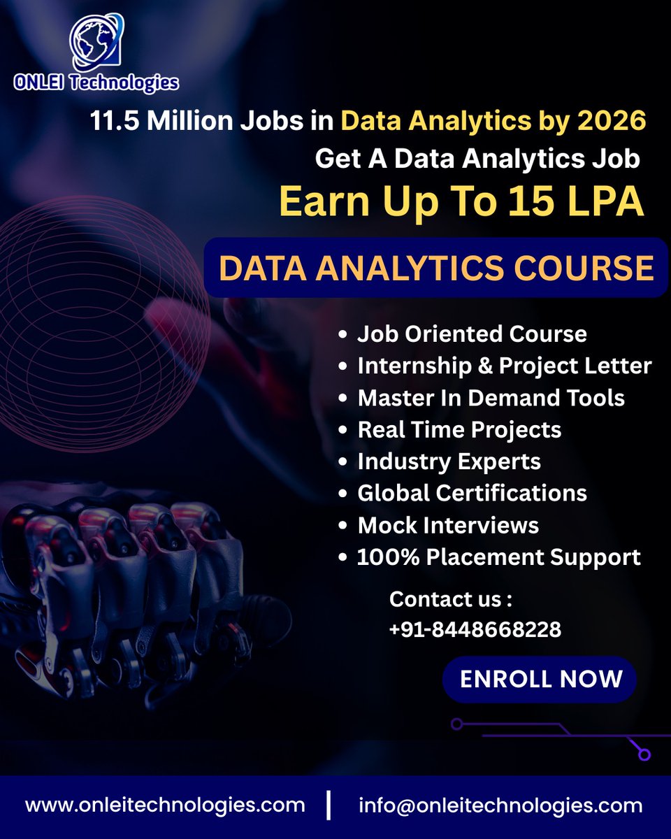 ONLEITechnology's tweet image. Kickstart Your Data Analytics Career with ONLEI Technologies!

📞 Contact: +91-8448668228
✨ Enroll Now &amp;amp; Transform Your Career!

#ONLEITechnologies #DataAnalyticsCourse #DataAnalyticsJobs #CareerGrowth #LearnWithONLEI #TechSkills #PlacementSupport #UpskillIndia #FutureReady