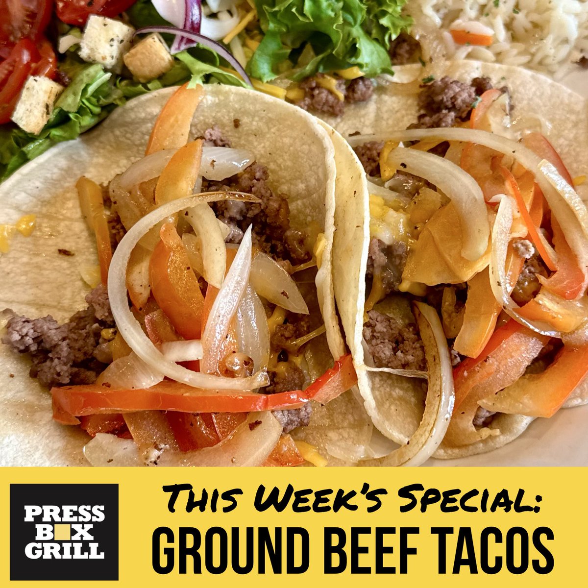 pressboxgrill's tweet image. This week’s special is a Ground Beef Taco plate! 🌮 Corn tortillas with seasoned ground beef, sautéed onions &amp;amp; peppers and shredded cheese. Served with rice and a side salad. Stop by today to check it out!

#dallaseats #dallasrestaurants #dallasfoodie #downtowndallas #dallastx