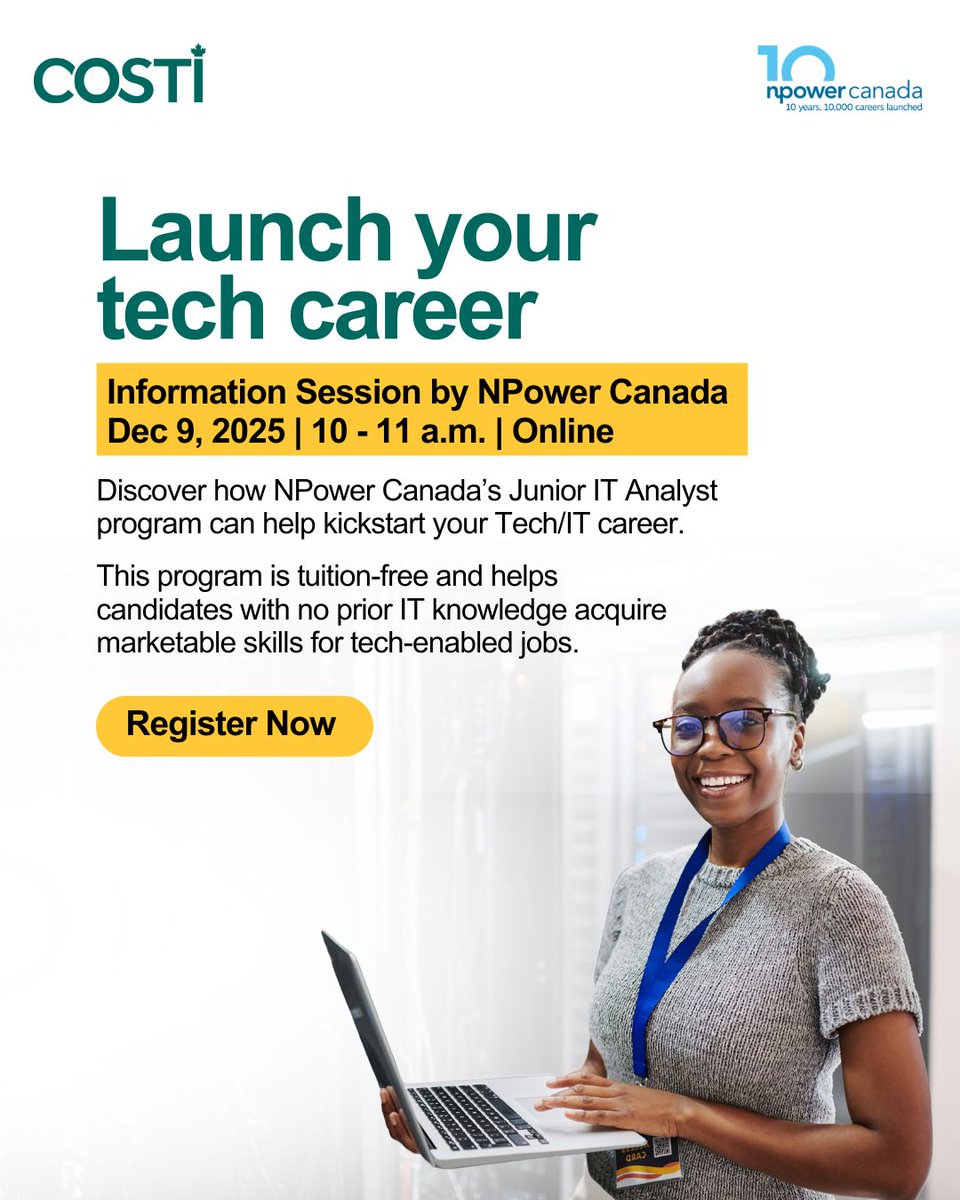 COSTI_org's tweet image. Get ready to step into the world of IT in 15 weeks through NPower Canada's Junior IT Analyst program. Learn more about this tuition-free program at our info session tomorrow. Register now: buff.ly/lv7FuAL 

#ITCareer #TechCareer