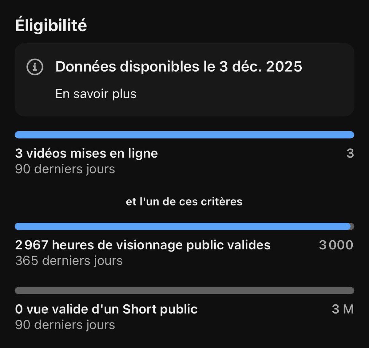 LaRodeusePale's tweet image. Je pensais que cette année j'arriverai à être partenaire YouTube car  je suis à 🤏 de remplir le critère d'éligibilité mais je suis sûre que je ne vais pas y arriver avant le 31 décembre... 😭
Il faudrait que les gens regardent 33 heures de mes vidéos avant la fin de l'année.