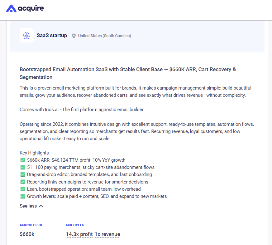 J'adore les entreprises autofinancées comme celle-ci.

 En direct sur @acquiredotcom : Solution SaaS aidant les marques 