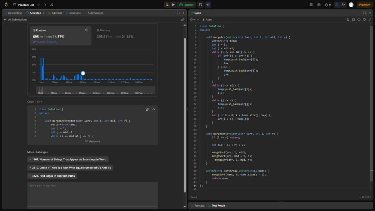 Navneetrajgupta's tweet image. Day 77/100 of #100DaysOfCode 
Solved sort array on leetcode by merge sort it&apos;s time complexity is nlogn
#DSA #LeetCode
