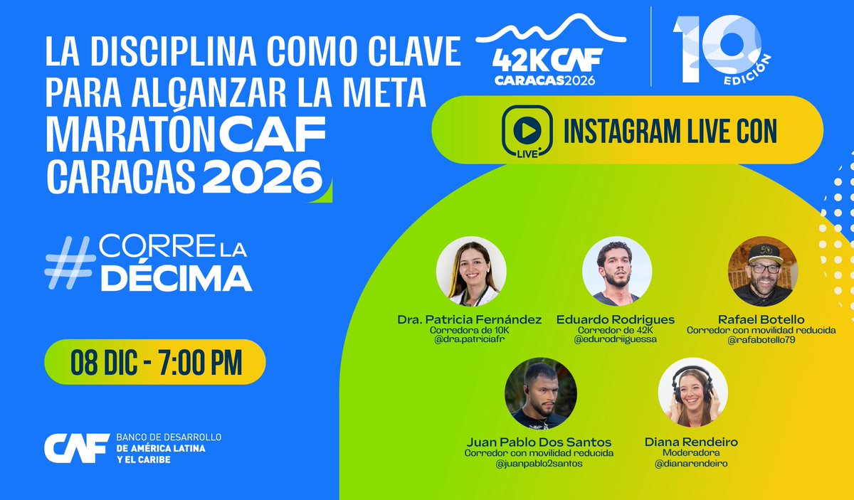 🏃‍♀️ ¡Es Hoy! La Disciplina como Clave para Alcanzar la Meta en el #MaratónCAF Caracas 2026

¡Te esperamos en nuestro tercer LIVE a las 7:00 p.m. a través de nuestro Instagram <a href="/maratoncaf/">@maratoncaf</a>!

Conéctate para escuchar historias, constancia y superación de quienes saben lo que significa