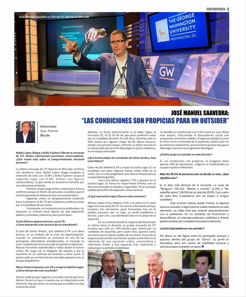Hoy en la portada de Contrapoder – Diario Expreso analizando el verdadero escenario rumbo al 2026.

📊 El 39.5% de peruanos aún no decide su voto.
📌 El Congreso apenas tiene 10% de aprobación.
📌 El país muestra cansancio del modelo tradicional.

➡️ Por eso lo afirmo con