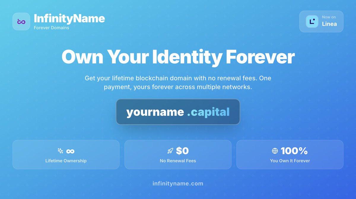 Infinitynamecom's tweet image. InfinityName supports Linea ♾

Experience the future of decentralized identity on @LineaBuild Claim, own, and manage your name with permanent digital ownership.

No renewals. No expirations. Just you. Forever.

👉infinityname.com