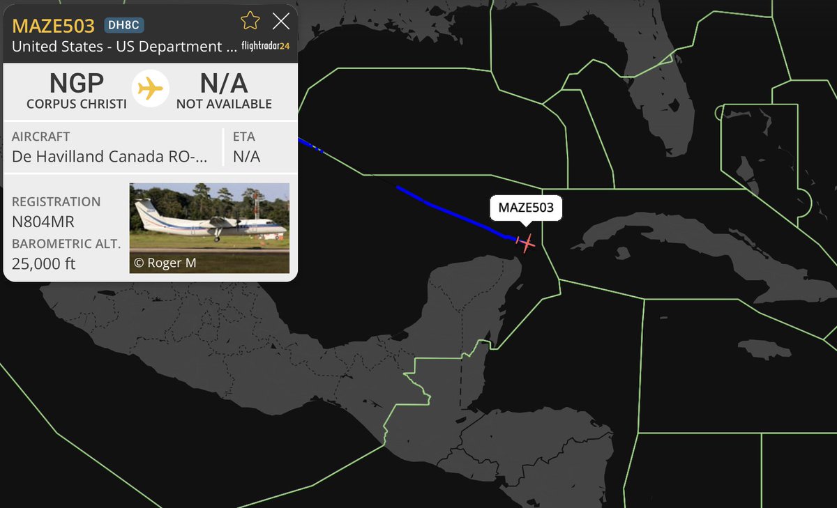 LatAmMilMVMTs's tweet image. MAZE503 out of NAS Corpus Christi (KNGP) 🇺🇸 en route to Balboa (BLB/MPPA) 🇵🇦.

This is no longer an RO-6A, FR24's data is outdated.

MAZE503 | N804MR | DHC-8-300 | #AAF1DC | CBP AMO
