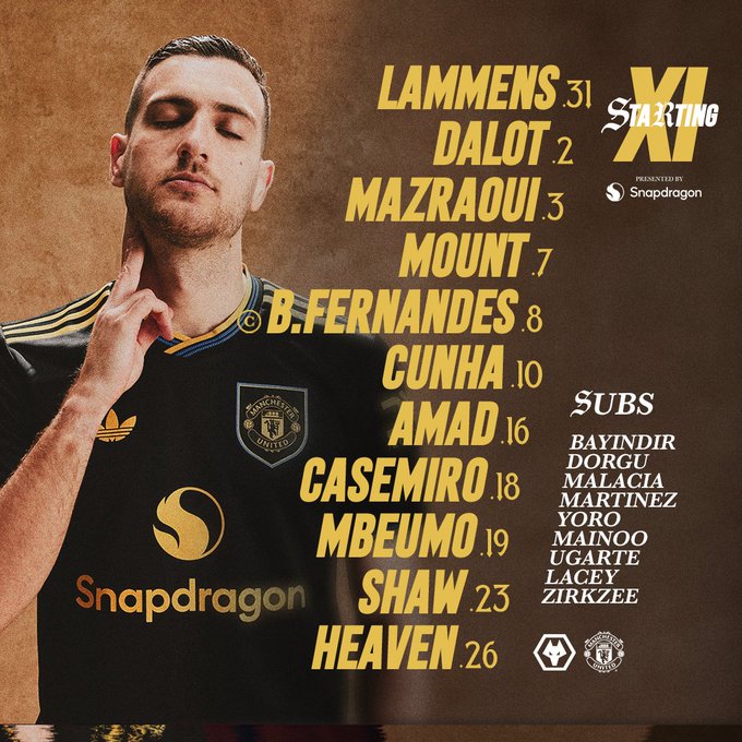 Manchester United starting XI to face Wolves: Lammens, Dalot, Mazraoui, Mount, B.Fernandes, Cunha, Amad, Casemiro, Mbeumo, Shaw, Heaven.
