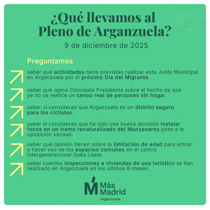 Mañana tendremos último Pleno de #Arganzuela 🏫

Es hora de hacer preguntas como:

🏡¿Por qué prohibir el acceso a menores en un Centro Intergeneracional?

🌳¿Por qué han iluminado el Río contra vecinos y ecologistas?

🚴‍♀️¿Es Arganzuela segura para los ciclistas? (spoiler: NO)