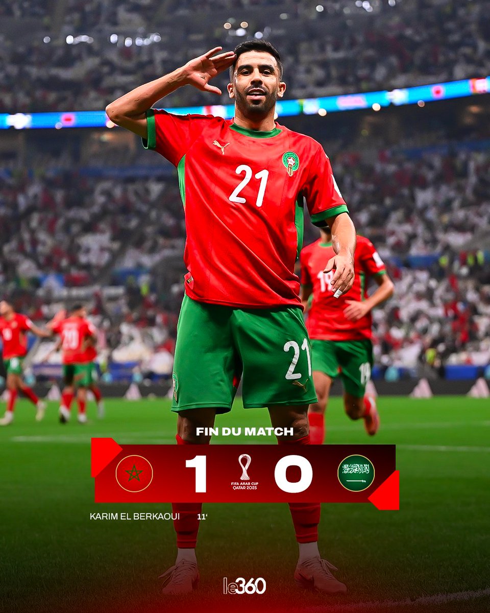 🇲🇦🇸🇦 Le Maroc bat l’Arabie saoudite (1-0) et se qualifie pour les quarts de finale de la Coupe arabe, en terminant en tête de son groupe.

Les Lions de l’Atlas affronteront la Syrie 🇸🇾 le jeudi 11 décembre.

#ArabCup2025 | #كأس_العرب2025