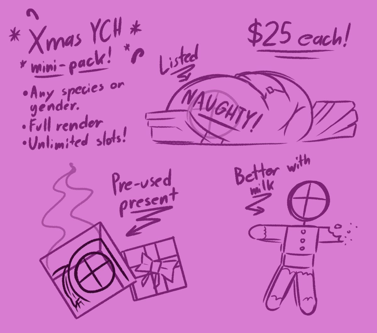 A group of quick-fire YCHs for anyone who doesn't want to bid on the festive auction.~

furaffinity.net/view/63252857/