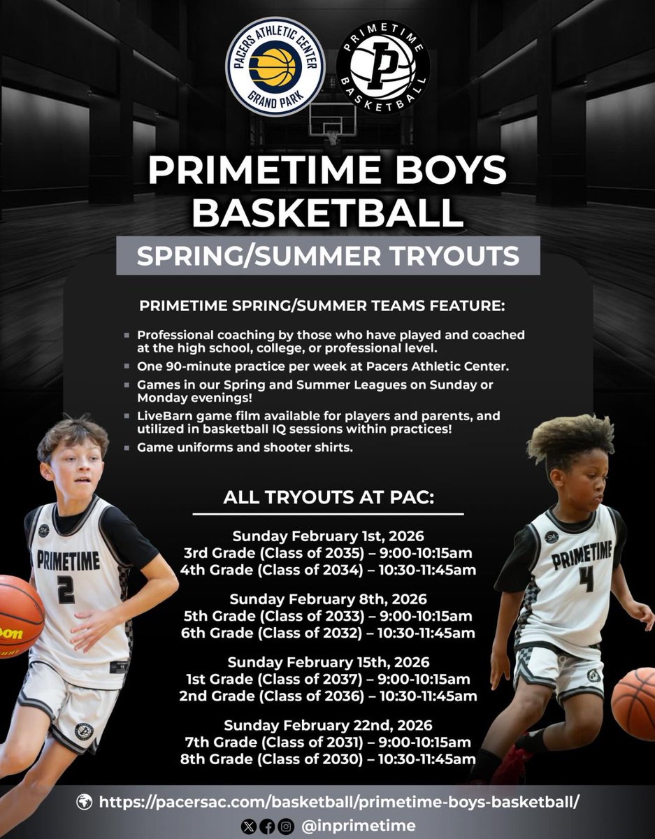 INPrimetime's tweet image. 🗓️ Save the date!
Primetime Boys Tryouts are coming up!

pacersac.com/basketball/pri…