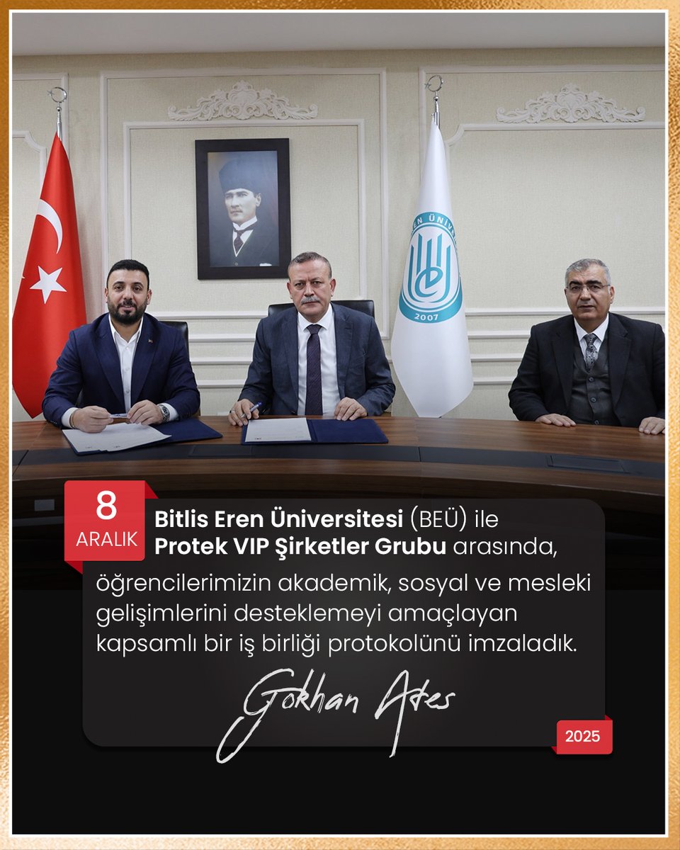 Protek VIP Şirketler Grubu olarak, gençlerimizin akademik, sosyal ve mesleki gelişimlerine katkı sağlayacak çok değerli bir adım attık.

Bitlis Eren Üniversitesi (BEÜ) ile imzaladığımız bu kapsamlı iş birliği protokolü; 
eğitim programları, seminerler, gönüllülük faaliyetleri ve