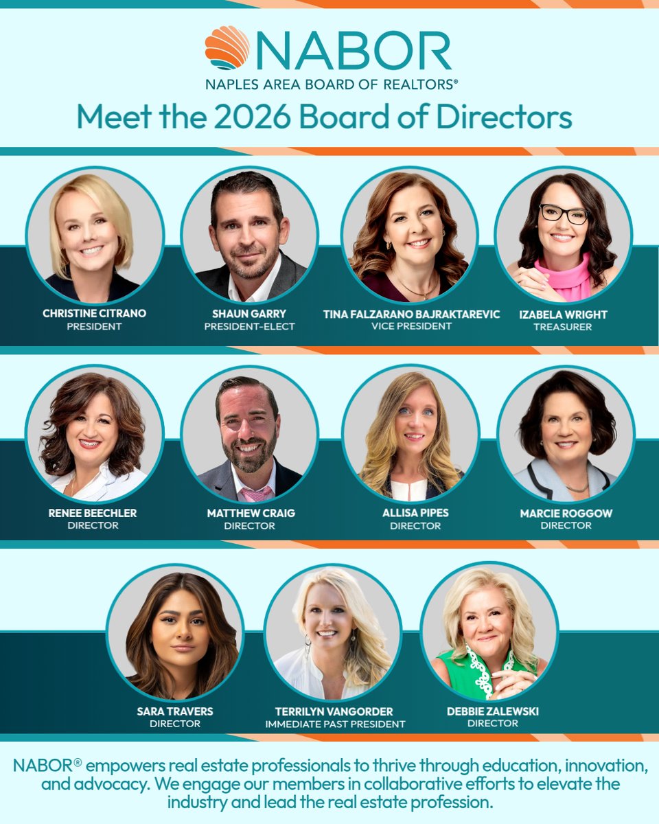 Meet NABOR®’s 2026 Board of Directors!

We’re proud to introduce the leaders who will guide our association in the year ahead — championing education, innovation, advocacy, and collaboration across the Naples real estate community.