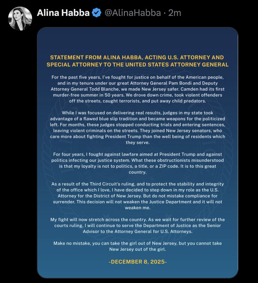 MeidasTouch's tweet image. BREAKING: Alina Habba is finally stepping down from her role as U.S. Attorney for the District of New Jersey after the Third Circuit affirmed her disqualification