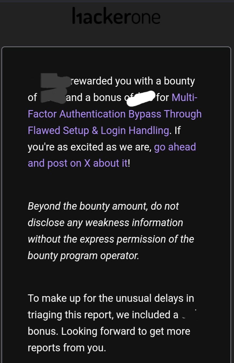 hackeriron1's tweet image. I was awarded $××× with the bonus $×× on @Hacker0x01 

#hackerone #cybersecurity #web #bounty #bughunter #security
#bughunting