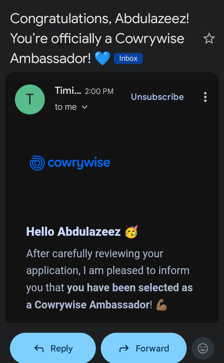 Big Congratulations to me 😊

 I'm so excited today!

 I have just been selected as a Cowrywise Ambassador!🎉. 

You should check it out here- cowrywise.com/ambassadors (and ensure you register too).🤭
