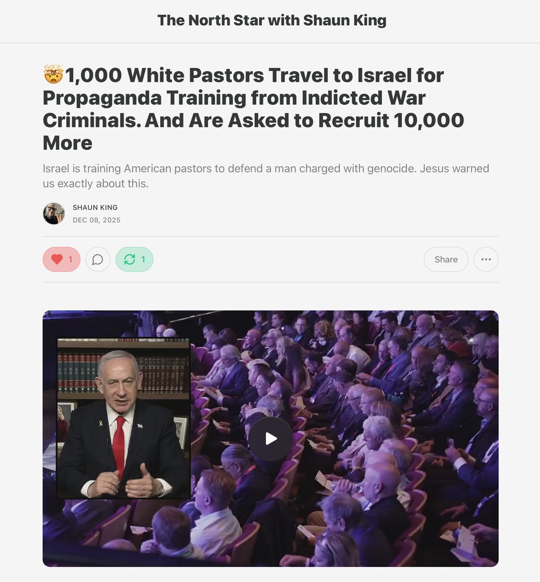 MY LATEST

🤯1,000 White Pastors Travel to Israel for Propaganda Training from Indicted War Criminals. And Are Asked to Recruit 10,000 More.

Israel is training American pastors to defend a man charged with genocide. Jesus warned us exactly about this.

🔗thenorthstar.com/p/1000-white-p…