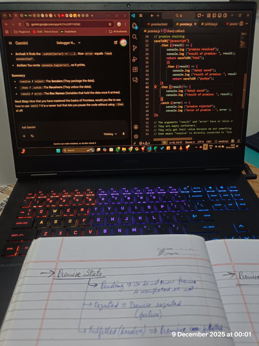 growing_phool's tweet image. #Day 65 of #90dayscodingchallenge
- learned about different state of Promise; 
    resolve-reject, then-catch; 
    Promise Chaining and practiced few examples
    based on that.

- did a workout (push-ups, pull-ups, dips, squats).

Signing off.
25days to go.

#WinterArc…