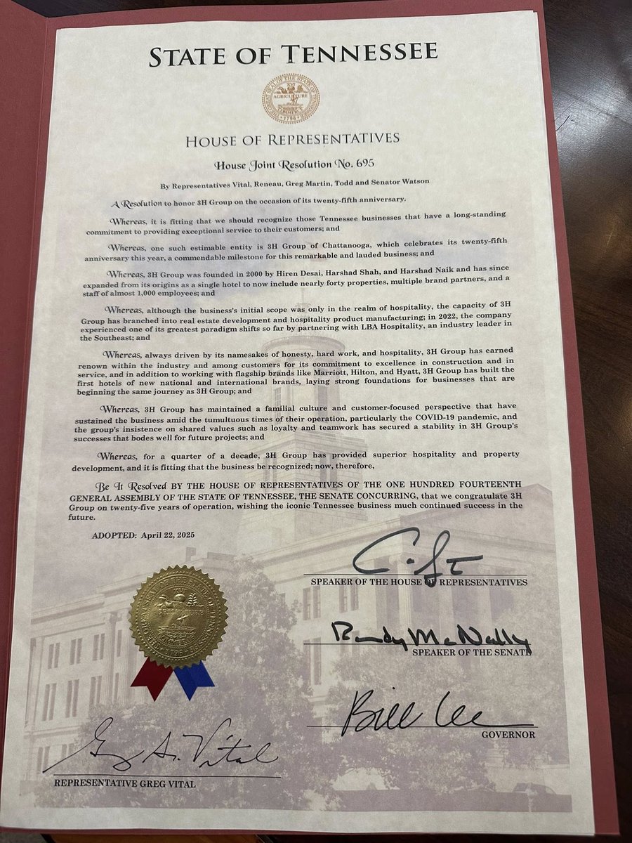 3HGroup's tweet image. Deeply honored to receive Tennessee House Joint Resolution 695 recognizing 3H Group's 25th anniversary!

This journey wouldn't be possible without our amazing team and partners. Thank you to everyone who has been part of our story.

Here's to 2025 and the next chapter together!
