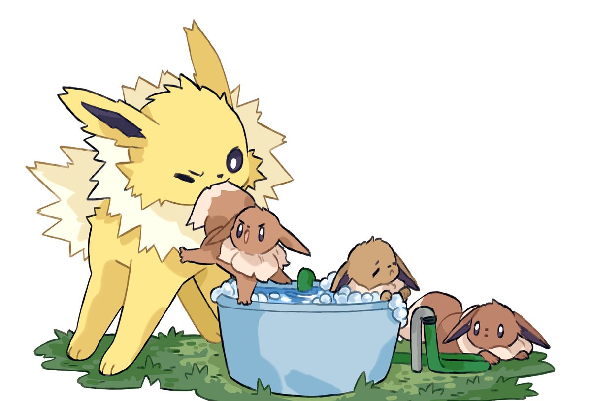 Jolteon just trying to get the little eevee clean! [pokemon]