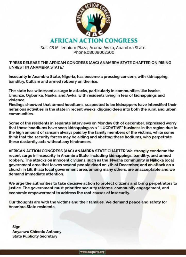 AAC Anambra state Chapter: Press Release On Rising Unrest In Anambra state.
