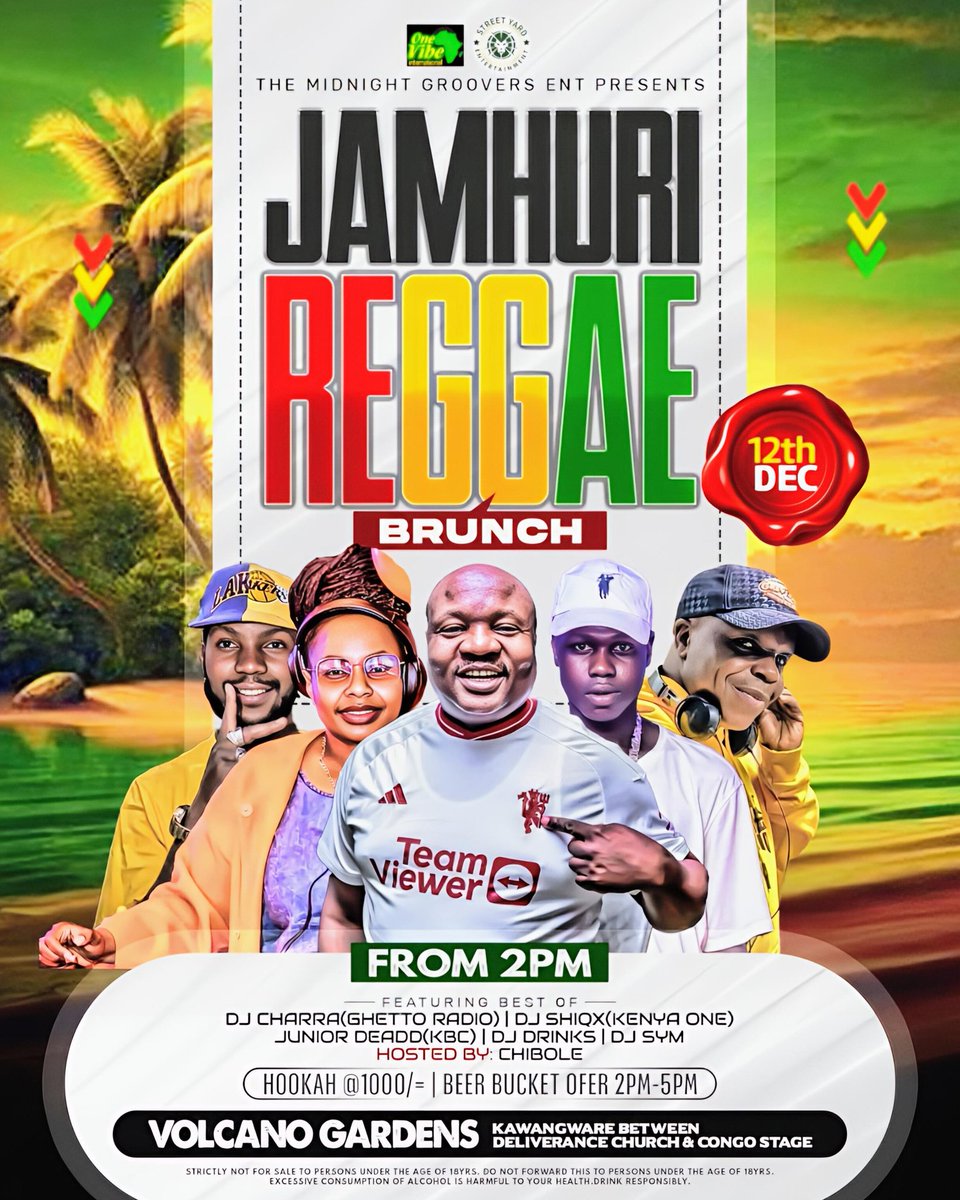 THIS FRIDAY 12 TH DEC AT VOLCANO GARDENS FROM 2PM 

#JamhuriReggaeBrunch  💚💛❤️