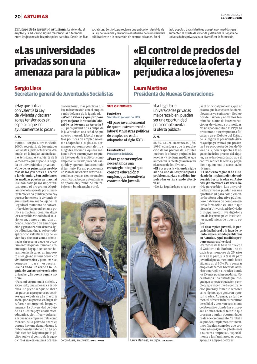 👉 <a href="/lauramrtzm/">Laura Martinez🇪🇸</a> lo resume claro:
🏡 Regular el alquiler reduce la oferta y perjudica a los jóvenes.
🎓 Las universidades privadas pueden complementar la pública.
🚀 Asturias necesita empleo y oportunidades reales YA.

🗞️ Entrevista en <a href="/elcomerciodigit/">EL COMERCIO</a>