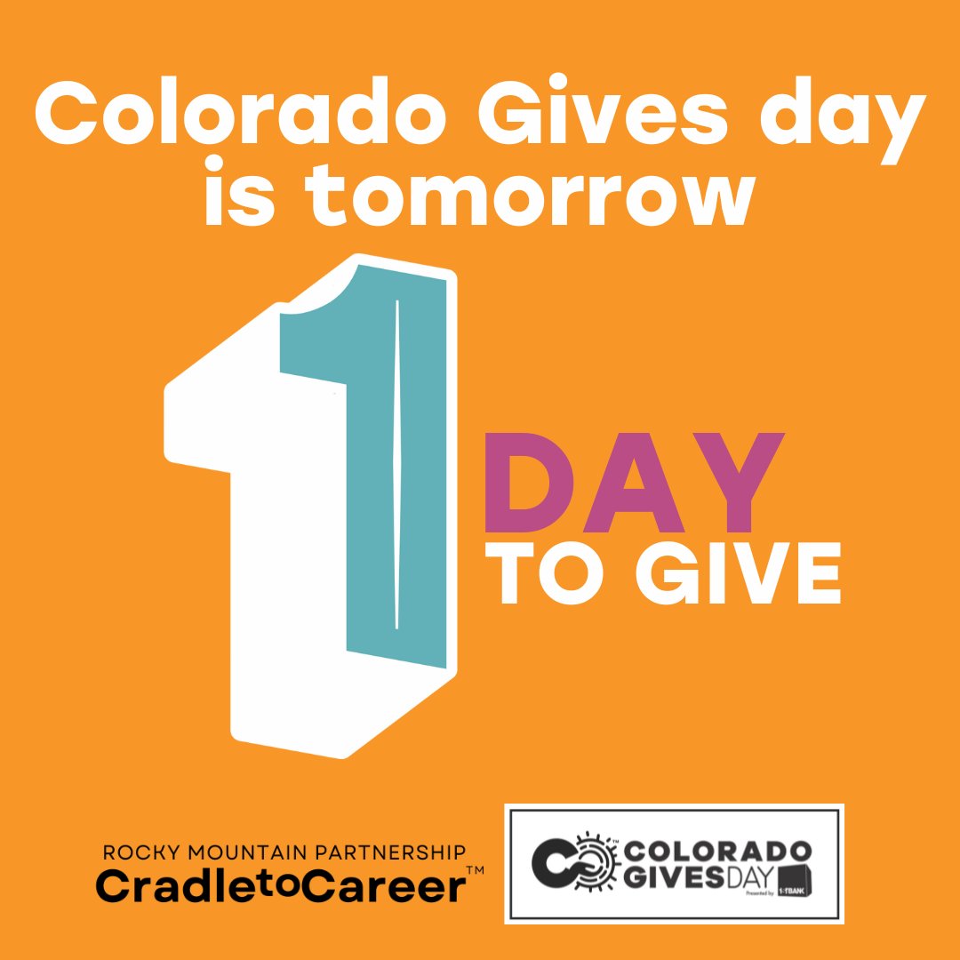 RMPartnership_'s tweet photo. Tomorrow is Colorado Gives Day! ⏳Let’s make it count. Your gift to RMP Cradle to Career™ fuels the partnerships that help Colorado kids and young adults thrive—from early learning through meaningful careers. https://t.co/8qRTL6jwHj #ColoradoGivesDay #71kby2030  #161kby2030 https://t.co/epAfDq0vWg