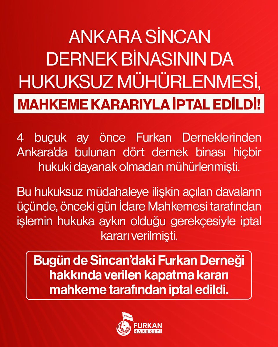 ANKARA SİNCAN DERNEK BİNASININ DA HUKUKSUZ MÜHÜRLENMESİ MAHKEME KARARIYLA İPTAL EDİLDİ!

4 buçuk ay önce Furkan Derneklerinden Ankara’da bulunan dört dernek binası hiçbir hukuki dayanak olmadan mühürlenmişti. Bu hukuksuz müdahaleye ilişkin açılan davaların üçünde, önceki gün