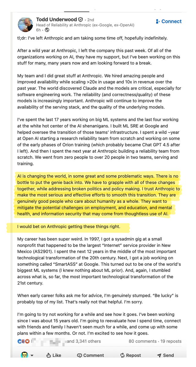 1littlecoder's tweet image. Anthropic&apos;s Head of Reliability recently quit 

(no drama, just normal quitting) 

but had a wonderful message and some kind words about Anthropic!

&quot;AI is changing the world, in some great and some problematic ways. There is no bottle to put the genie back into. We have to…