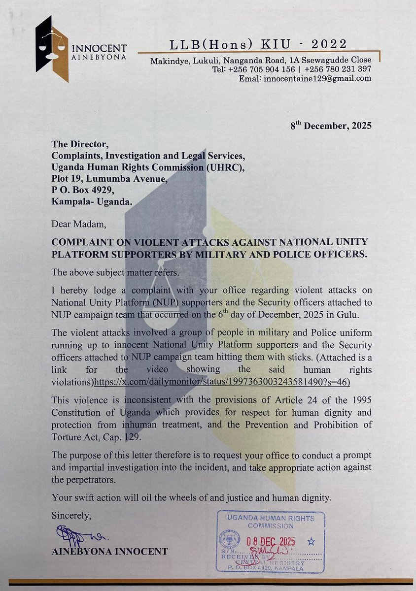 <a href="/AINEBYONAINNO11/">AINEBYONA INNOCENT</a> City lawyer has lodged in a Human Rights violation complaint before the <a href="/UHRC_UGANDA/">Uganda Human Rights Commission (UHRC)</a> against continued mistreatments exhibited towards <a href="/NUP_Ug/">National Unity Platform</a> <a href="/HEBobiwine/">BOBI WINE</a> and opposition most especially what happened in Gulu.