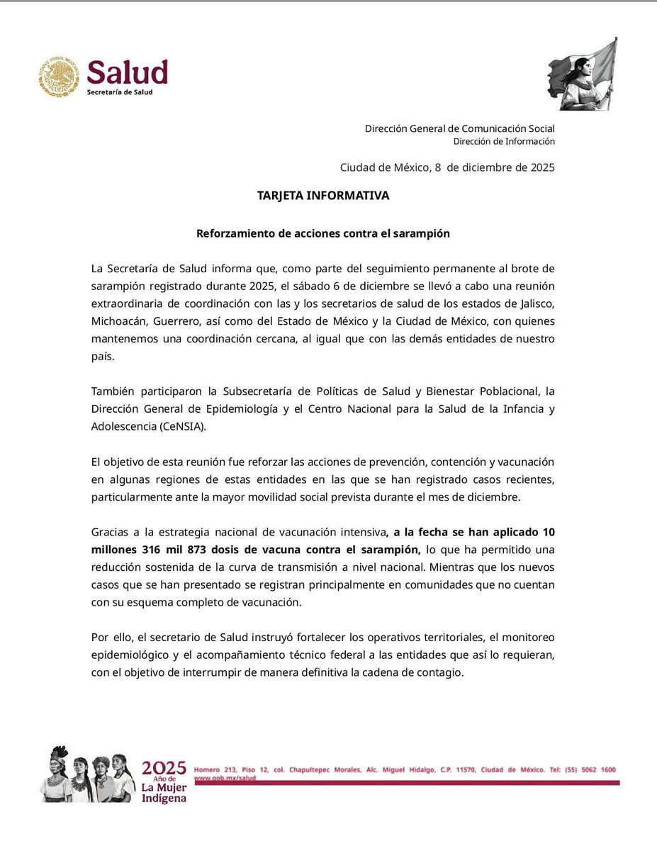 ectorjaime's tweet image. La Secretaría de Salud insiste en que el brote de #Sarampión está “controlado”… pero sus acciones dicen lo contrario 👇

Si estuviera bajo control, no habría reuniones de emergencia, cercos, ni brigadas casa por casa en pleno diciembre. Eso solo sucede cuando el brote NO está…
