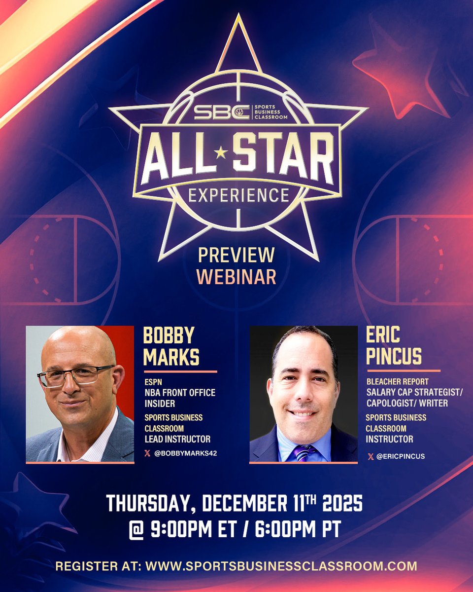 SportsBizClass's tweet photo. SBC is launching its first-ever All-Star Intensive during NBA All-Star Weekend ⭐️

Get the inside look in our FREE webinar with @BobbyMarks42 &amp; @EricPincus on Dec. 11 at 9ET/6PT.

Breakdown, curriculum, All-Star integration, Q&amp;A + more.🏀

Register now! ⤵️
https://t.co/YfbDzxlxAl https://t.co/WnD901oKnA