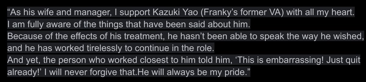sandman_AP's tweet image. Yao’s wife, the wife of the former voice actor for Franky, revealed that his voice was due to medical treatment and not a lack of ability, responding to those who had mocked him by saying he should step down because his voice “no longer sounded cool.”
She released a statement.😥
