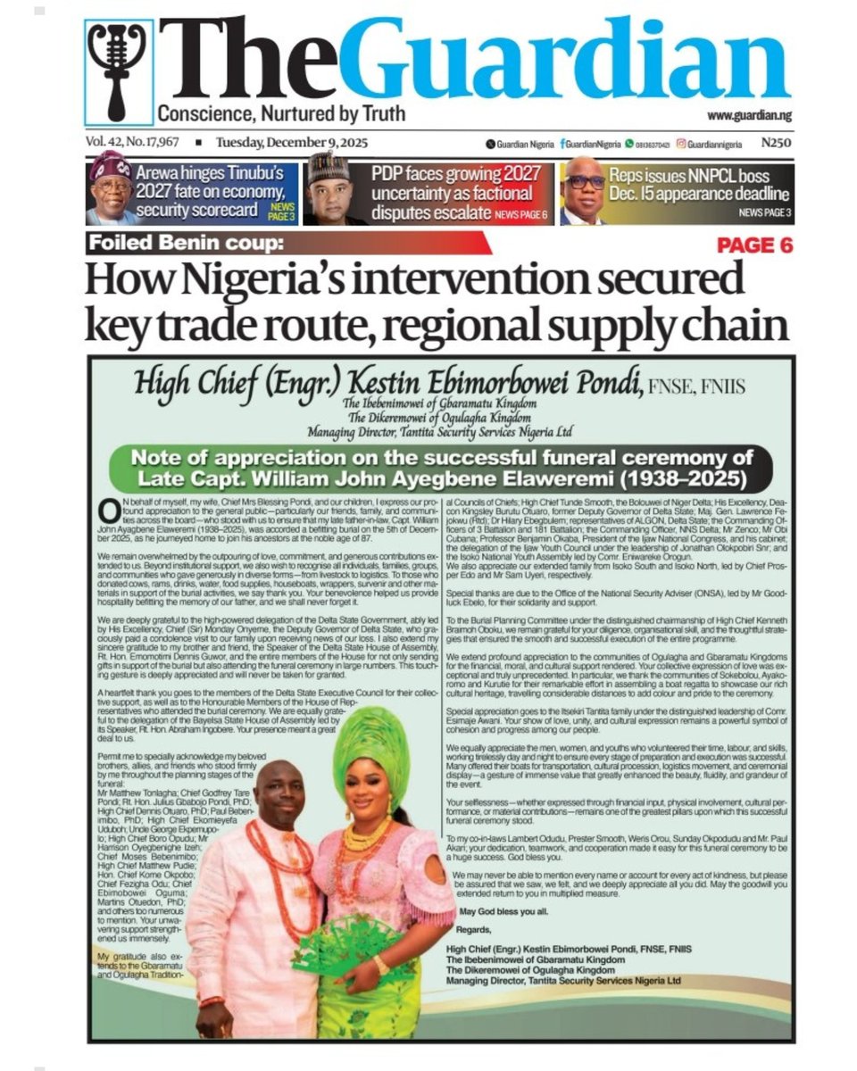 GuardianNigeria's tweet image. These are the headlines in today’s edition of The Guardian.

Get The Guardian on the newsstands for the latest in world news, sports, and in-depth analysis. ⁣

Visit guardian.ng for more.

#Tinubu #Arewa #NNPCL #PDP #BreakingNews #Nigeria #Nigerians