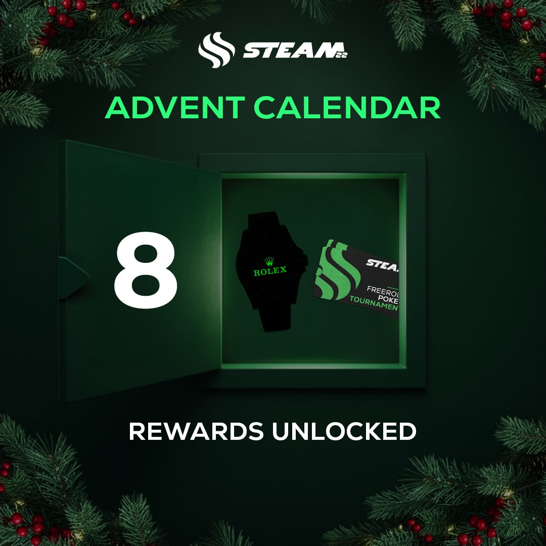 Day 8 of our advent calendar giveaway!

→ Today's Prizes: 1x Rolex Entry, 5x Poker Spots
→ Winners: 6

To enter:

✅ Like + Follow <a href="/Steam22/">Steam22</a> + Join Discord
🔁 Repost
💬 Comment: Would you rather win the Rolex or a Poker Spot?

Drawing in 24 hrs