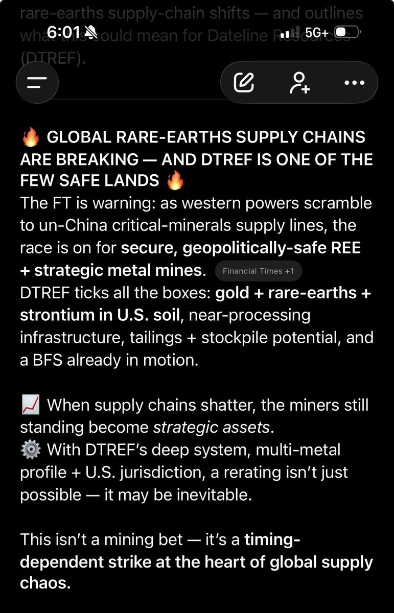 🔥 GLOBAL RARE-EARTHS SUPPLY CHAINS ARE BREAKING — AND $DTREF IS ONE OF THE FEW SAFE LANDS 🔥

ft.com/content/3a9e3c…

#DTREF #RareEarths #CriticalMinerals #Gold #Strontium #USMining #SupplyChainSecurity <a href="/ComstockRoyalty/">‼️LIVE FEED‼️#SilverisMoney only on #Telegram</a>