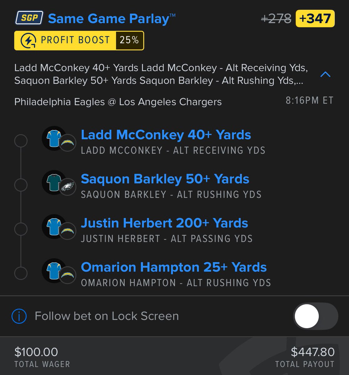 BeerMoneyBetz's tweet photo. Beer Money Betz MNF Same Game Parlay🍻

Here is what I got for tonight. I got 4 legs for tonight. I’m also using a 25% profit boost bringing the total odds to +347
#BeerMoneyBetz #FanDuel #MNF 

As always I dropped the link below 👇 
https://t.co/TZ10iUAdnP https://t.co/iCWJVacM7H