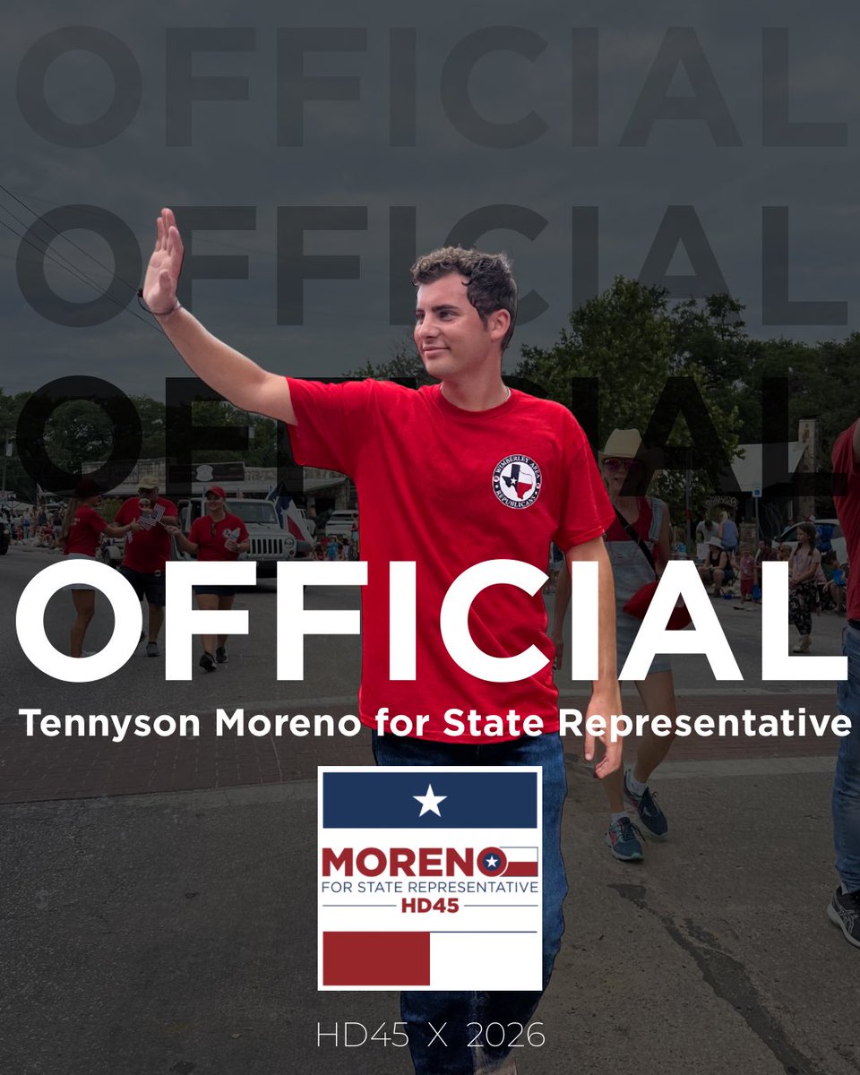 TennysonMoreno's tweet photo. ITS OFFICIAL! VOTE TENNYSON MORENO FOR STATE REP!

I’m officially throwing my hat in the rink again and running for State Representative in HD45. It’s time to make a difference in Hays County. 
•
•
•
#TeamTennyson #txlege #TennysonMoreno #TXHD45 #HD45 #GOP https://t.co/wIYrik12nY