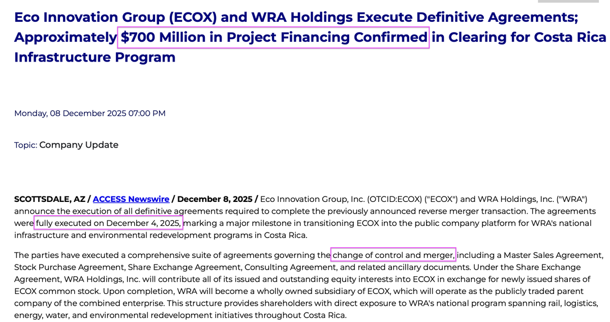 Ace500x's tweet image. $ECOX HUGE news out AFTER HOURS! 🚀

-Definitive agreements executed! Reverse merger/change of control CONFIRMED! 

-$700,000,000 in CONFIRMED PROJECTS

-All known legacy convertible notes have now been RESOLVED with the extinguishment of the FINAL note today, 12/8/25.

To highs